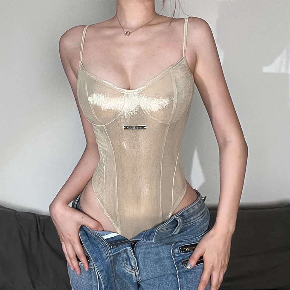 Metallic Leather Spaghetti Strap High Rise Bodysuit