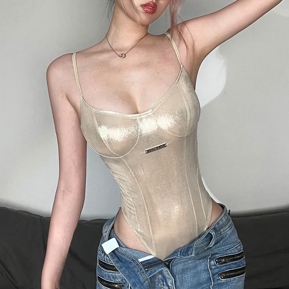 Metallic Leather Spaghetti Strap High Rise Bodysuit