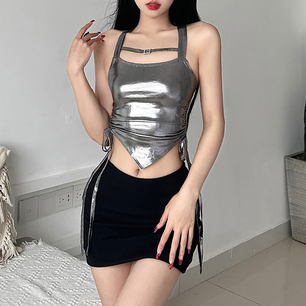 Metallic Ruched Pointed Hemline Crop Top