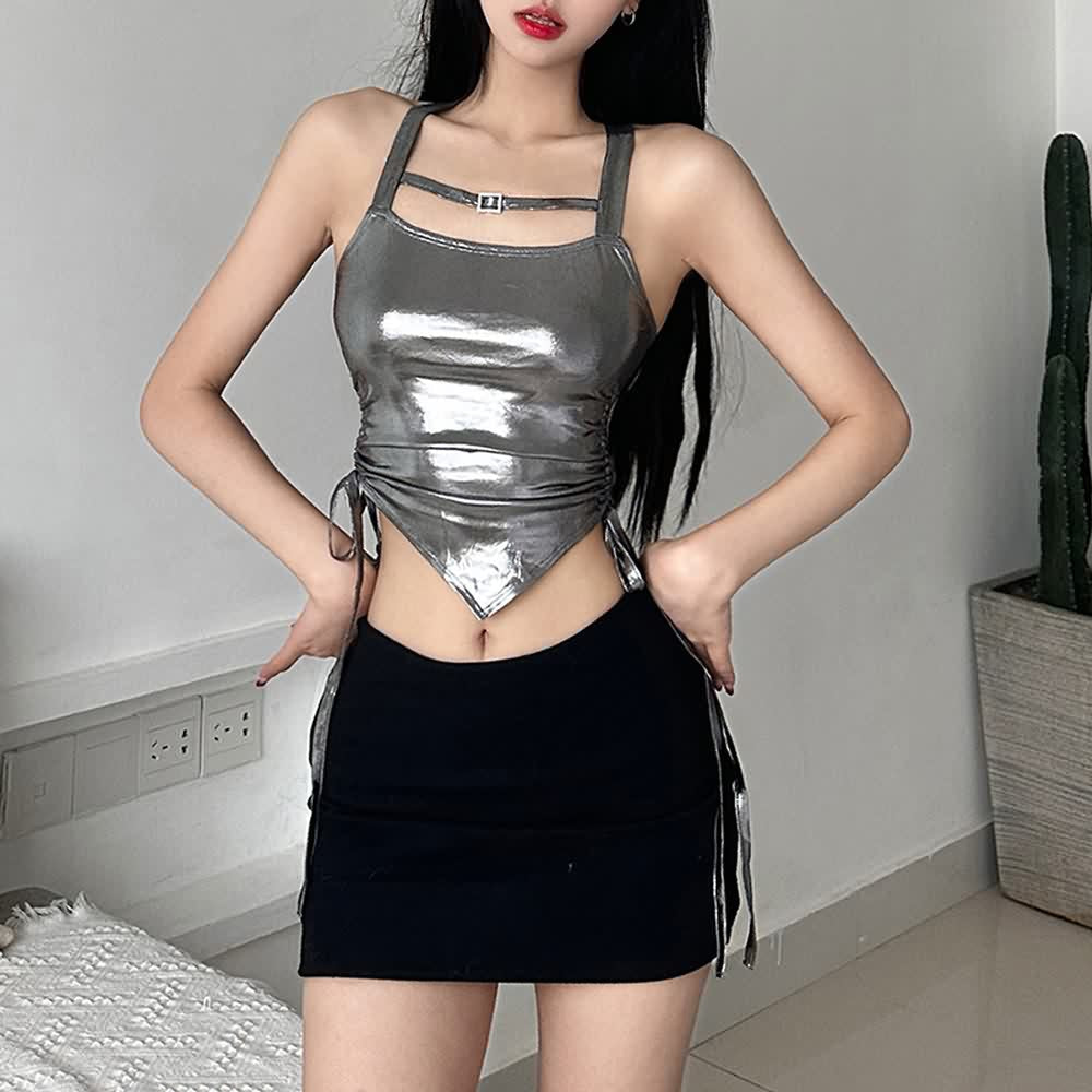 Metallic Ruched Pointed Hemline Crop Top