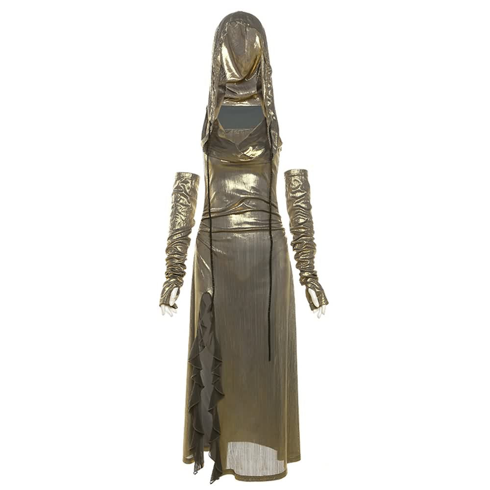 Metallic Ruffle Slit Hooded Maxi Dress