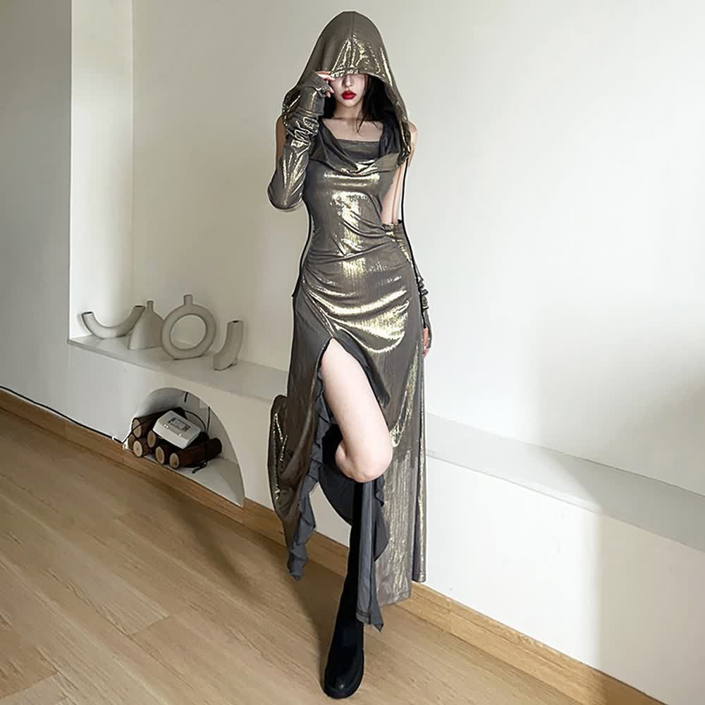 Metallic Ruffle Slit Hooded Maxi Dress