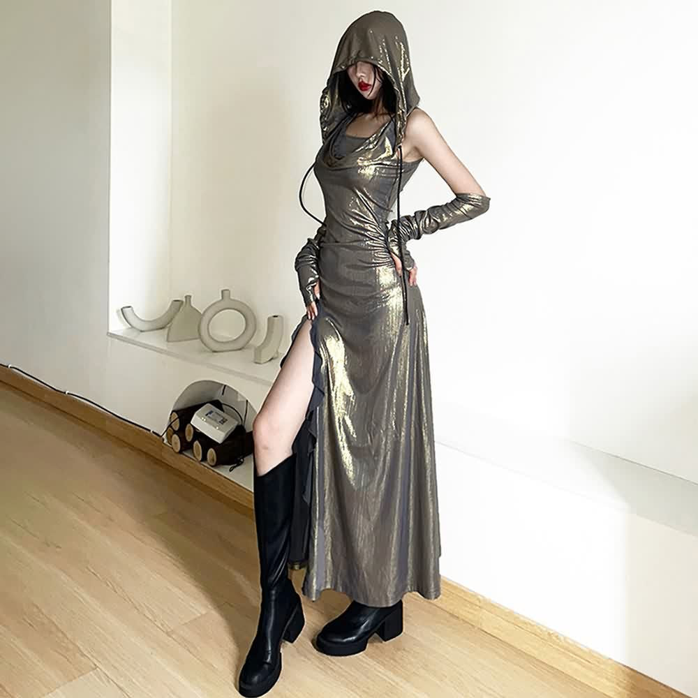 Metallic Ruffle Slit Hooded Maxi Dress