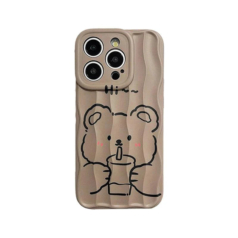 Milk Tea Bear Wave Lines Cute Phone Case For iPhone 15 Pro Max, 14, 13, 11, 12