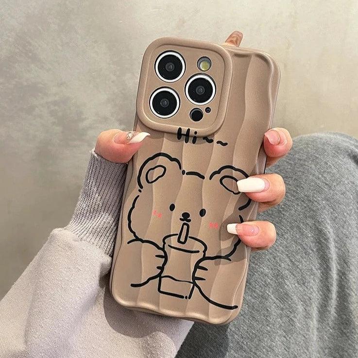 Milk Tea Bear Wave Lines Cute Phone Case For iPhone 15 Pro Max, 14, 13, 11, 12