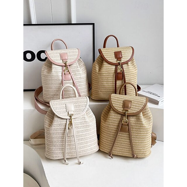 â€?Women Woven Boho Bag with Rattan for Travel Straw Backpack