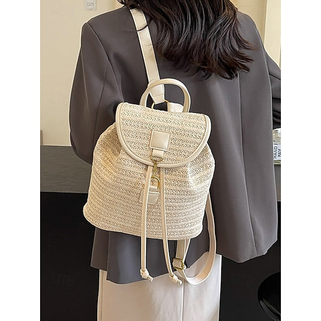 â€?Women Woven Boho Bag with Rattan for Travel Straw Backpack