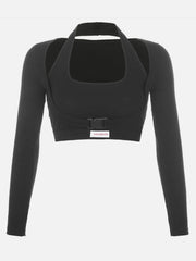 Sexy Fake Two Letter Print Buckle Long Sleeve Crop T Shirt