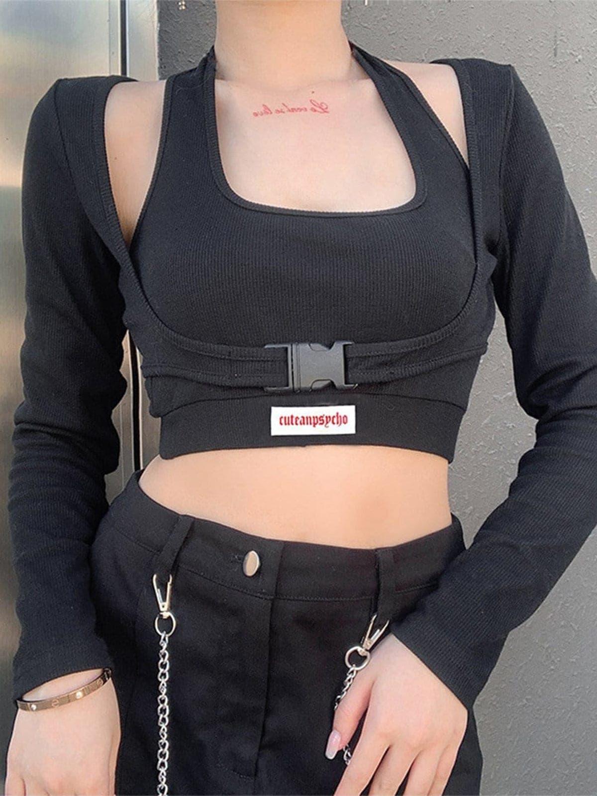 Sexy Fake Two Letter Print Buckle Long Sleeve Crop T Shirt