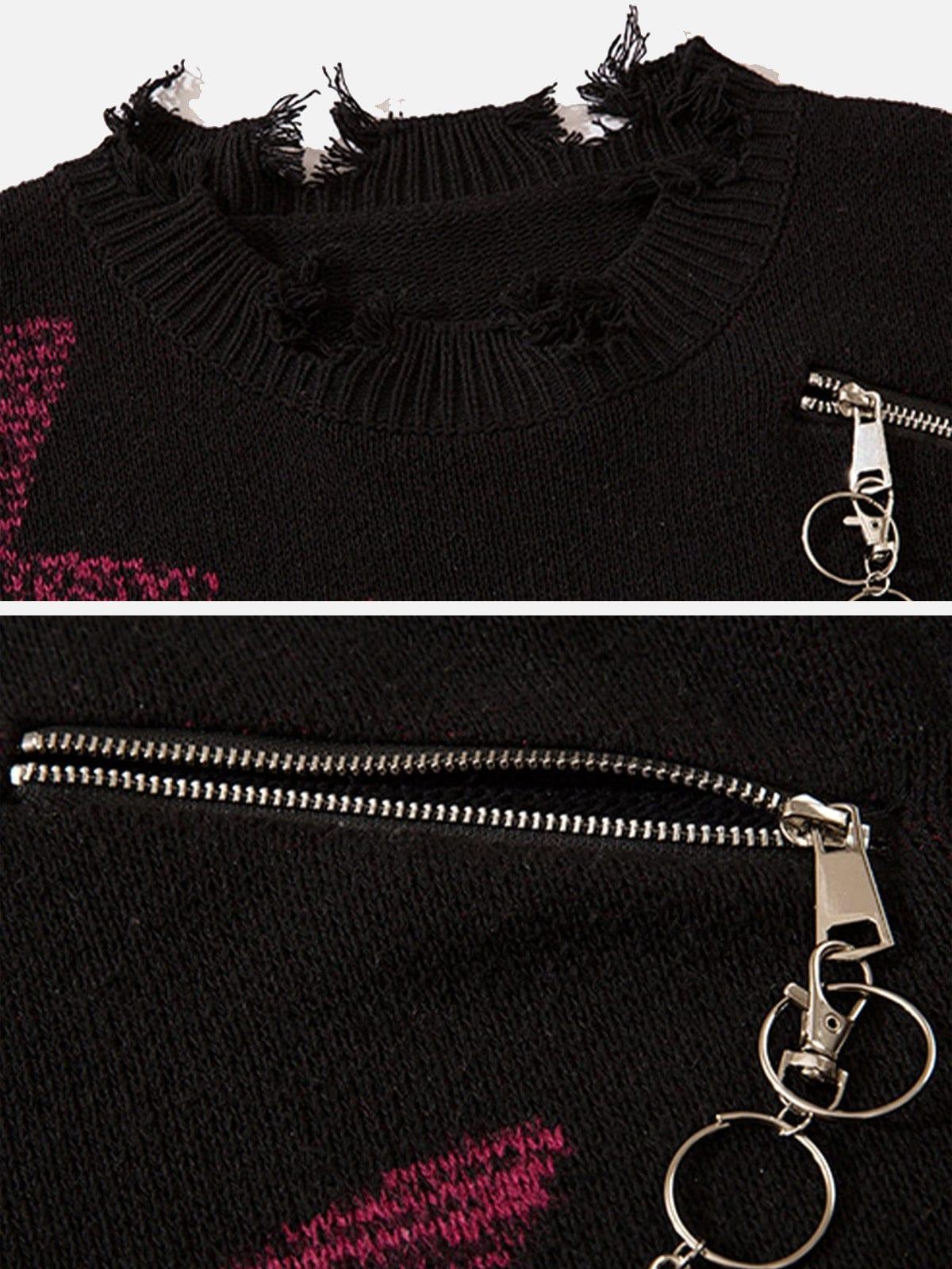 Irregular Ripped Skeleton Zipper Chain Knit Sweater
