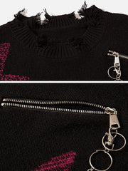 Irregular Ripped Skeleton Zipper Chain Knit Sweater