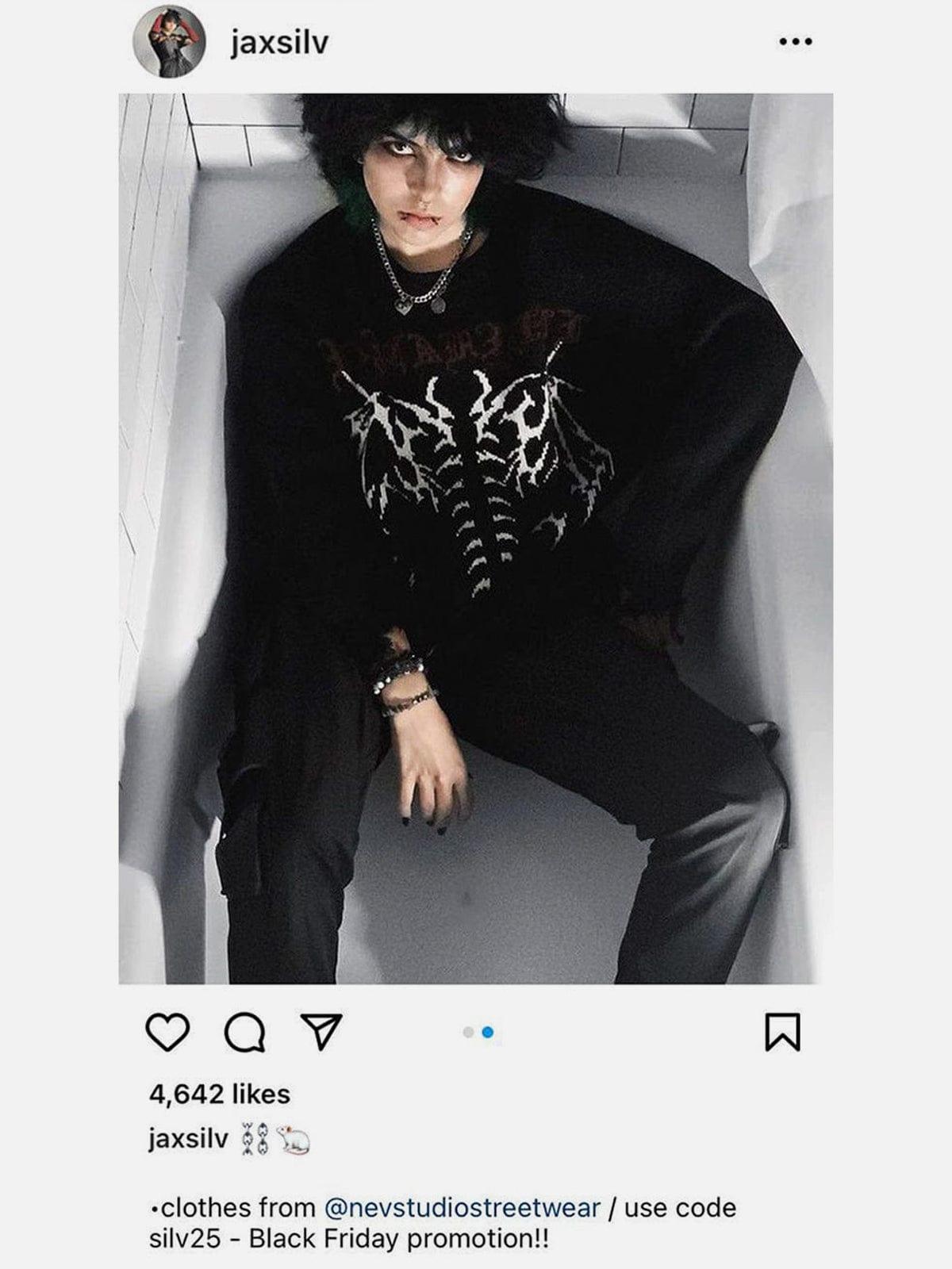 Dark Ripped Skeleton Letters Print Oversized Sweater