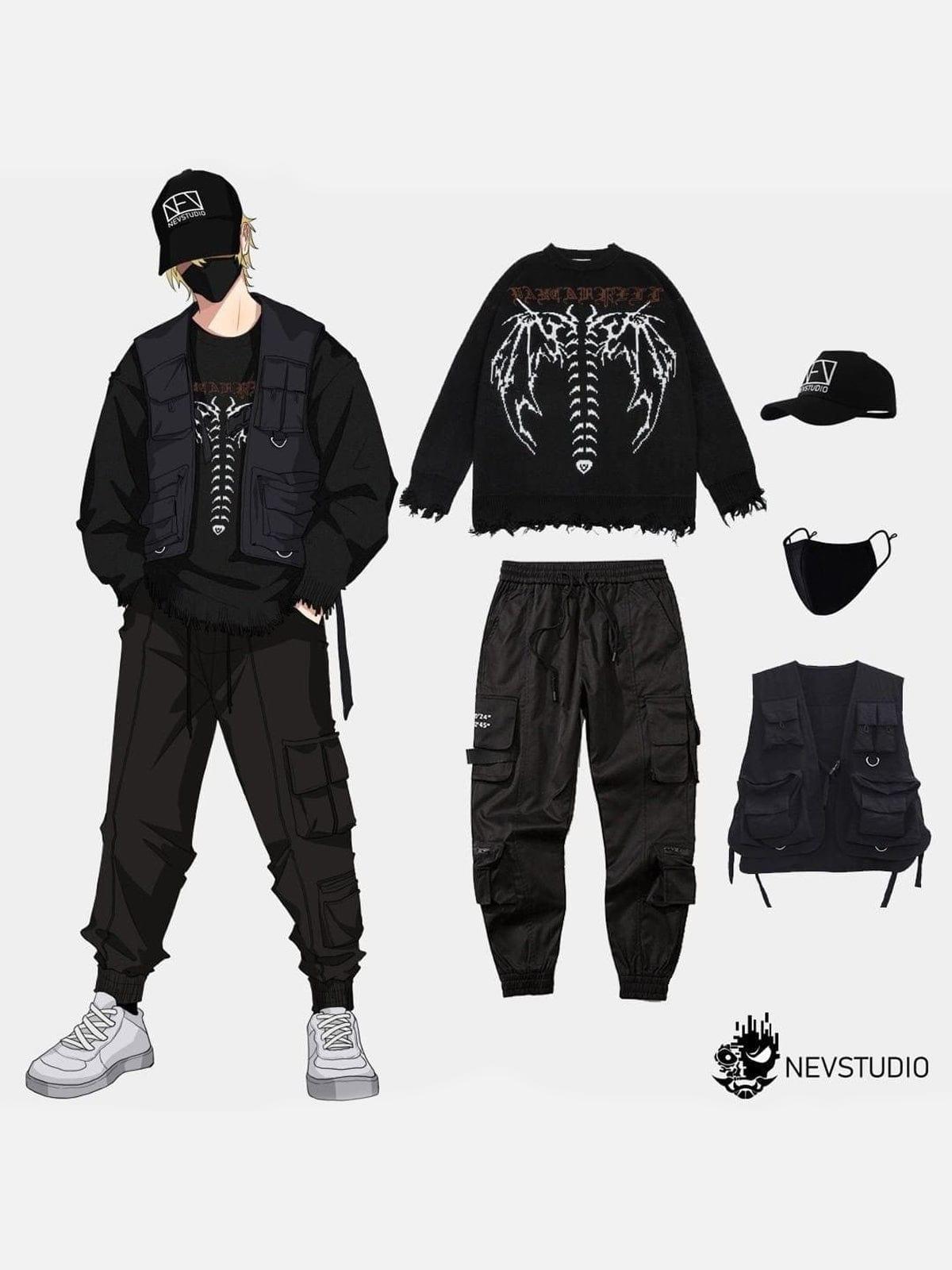 Dark Ripped Skeleton Letters Print Oversized Sweater