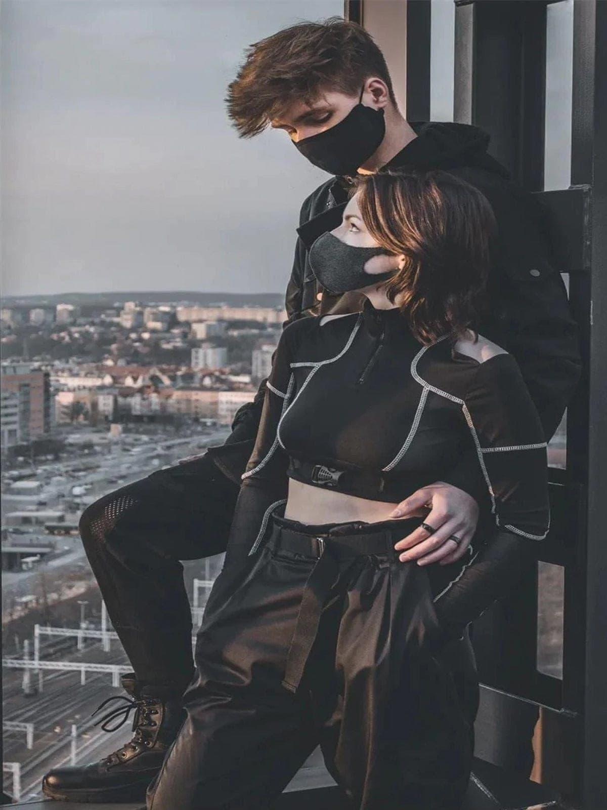 Techwear Mesh Buckle Cropped Long Sleeve T-Shirt