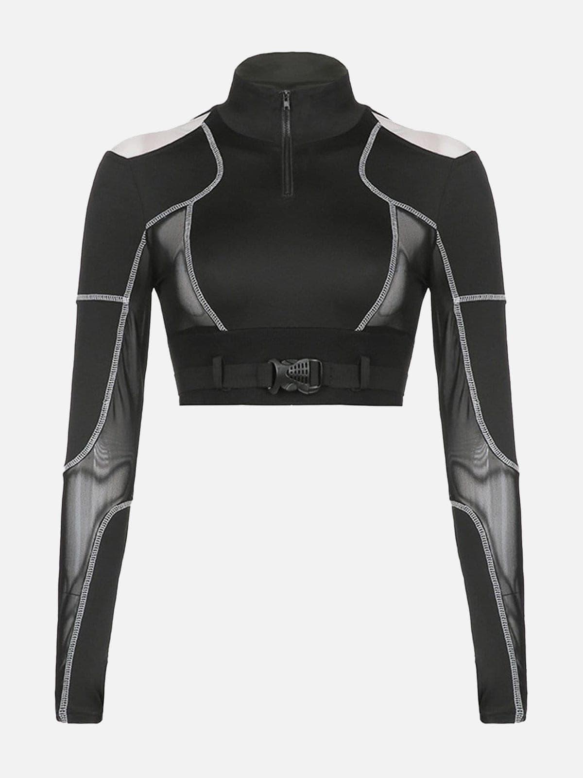 Techwear Mesh Buckle Cropped Long Sleeve T-Shirt