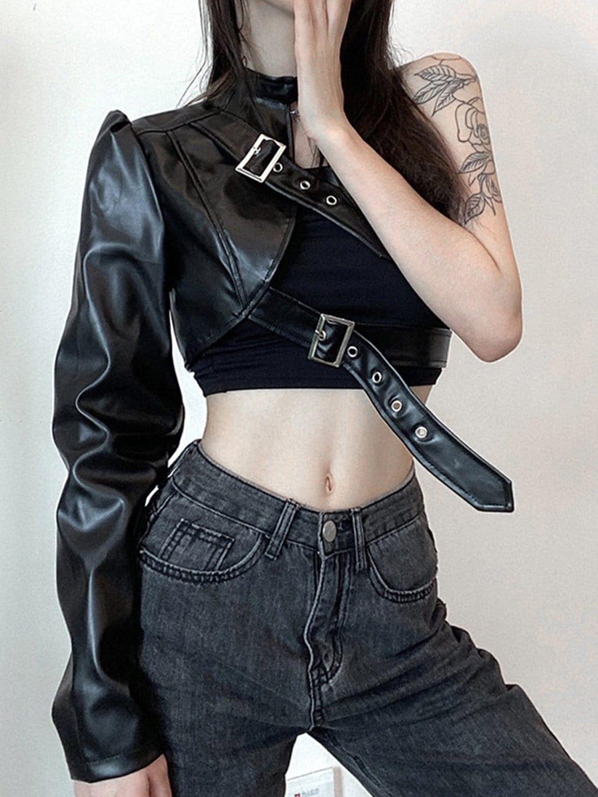 Metal Adjustment Buckle One Shoulder PU Cropped Coat
