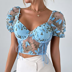 Pastel Blue Floral Embroidery Mesh Puff Sleeve Crop Top