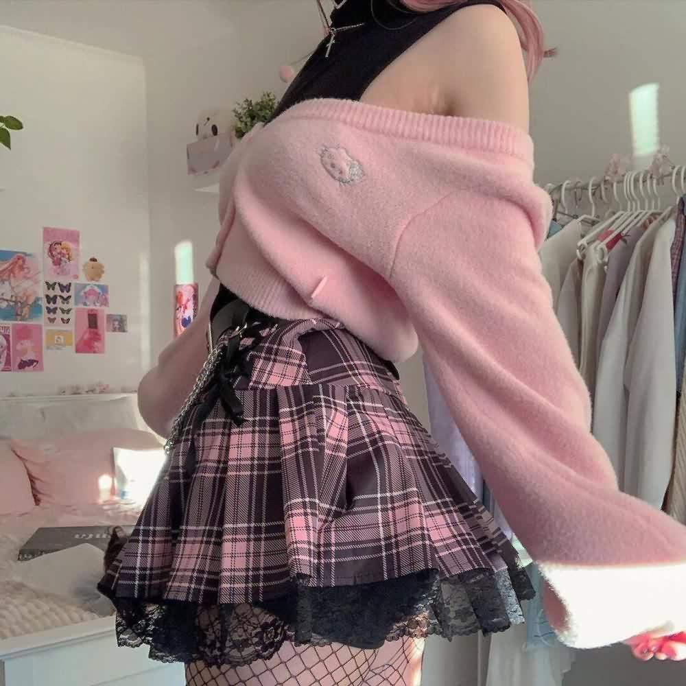 Pastel Goth Punk Lace Pleated Mini Skirt