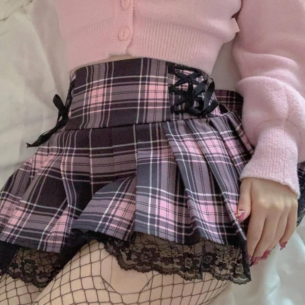 Pastel Goth Punk Lace Pleated Mini Skirt