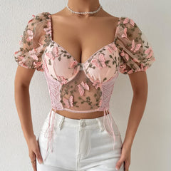 Pink Floral Embroidery Mesh Puff Sleeve Crop Top