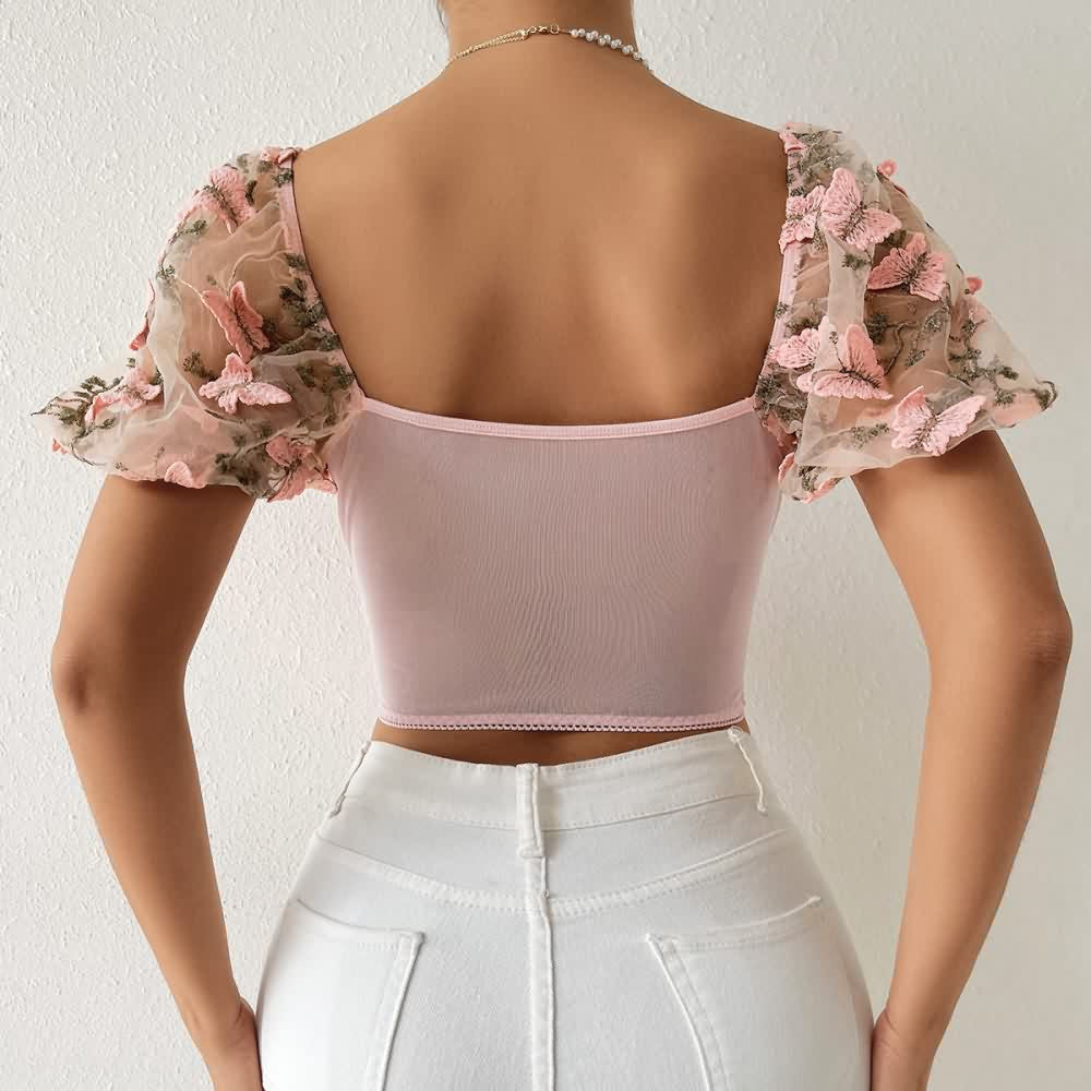 Pink Floral Embroidery Mesh Puff Sleeve Crop Top