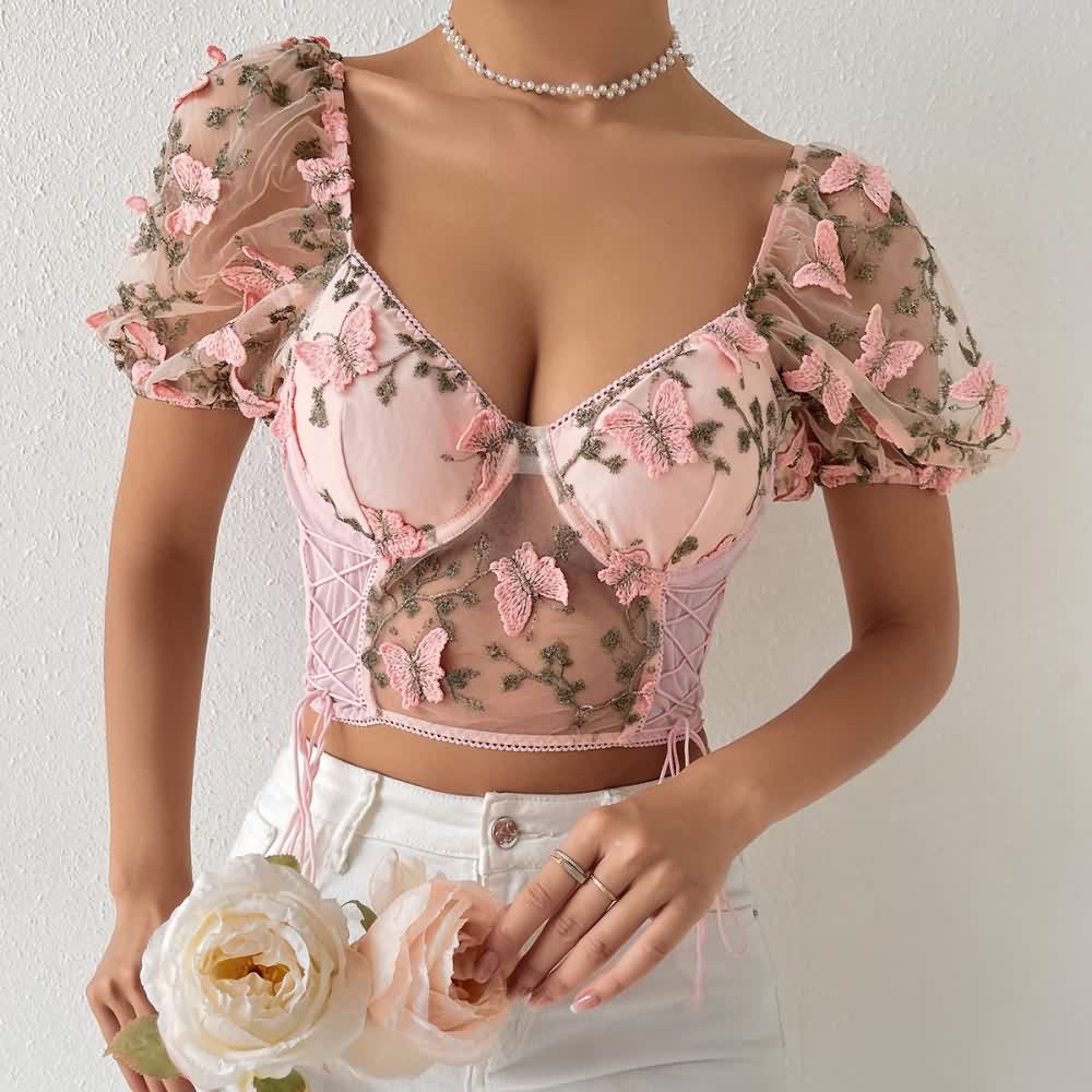 Pink Floral Embroidery Mesh Puff Sleeve Crop Top