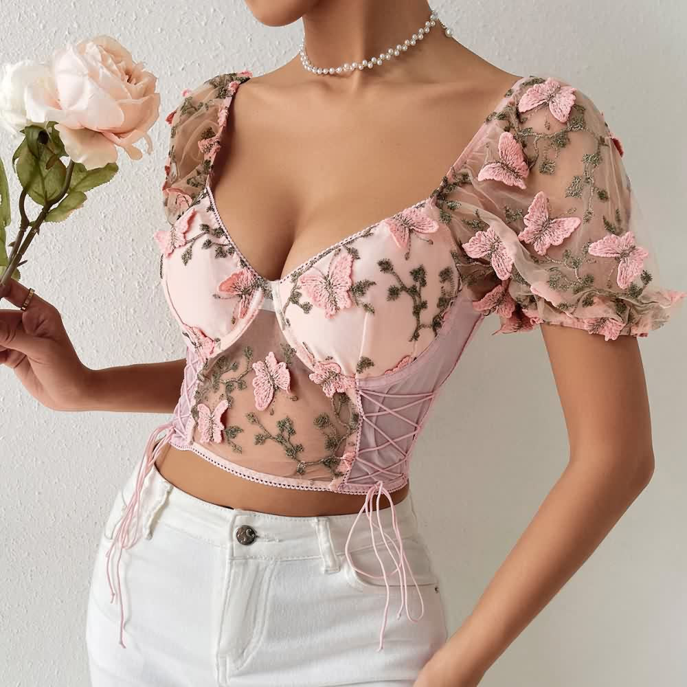 Pink Floral Embroidery Mesh Puff Sleeve Crop Top