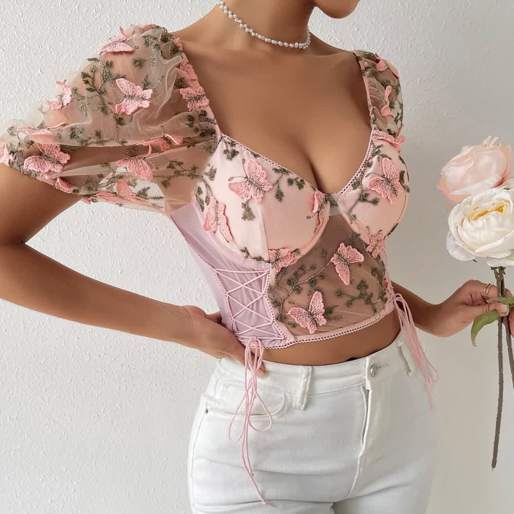 Pink Floral Embroidery Mesh Puff Sleeve Crop Top