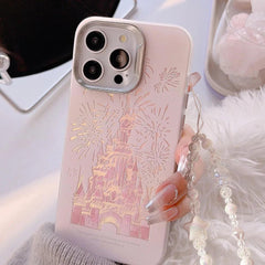 Pink Glitter Castle Cute Phone Case with Lanyard for iPhone 15, 14, 13, 12 Pro Max, and more