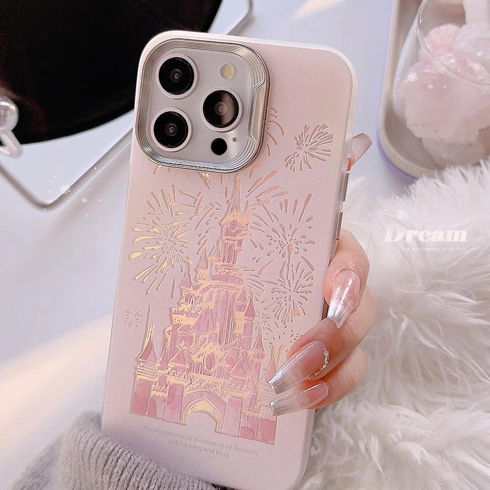 Pink Glitter Castle Cute Phone Case with Lanyard for iPhone 15, 14, 13, 12 Pro Max, and more