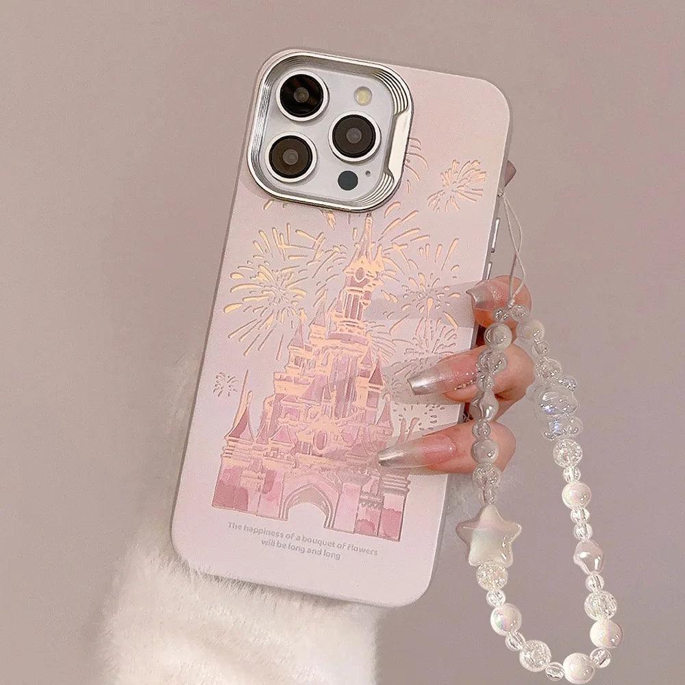 Pink Glitter Castle Cute Phone Case with Lanyard for iPhone 15, 14, 13, 12 Pro Max, and more