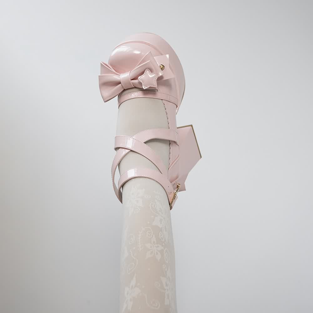 Pink Kawaii Lolita Bow Star Chunky Platform High Block Heels