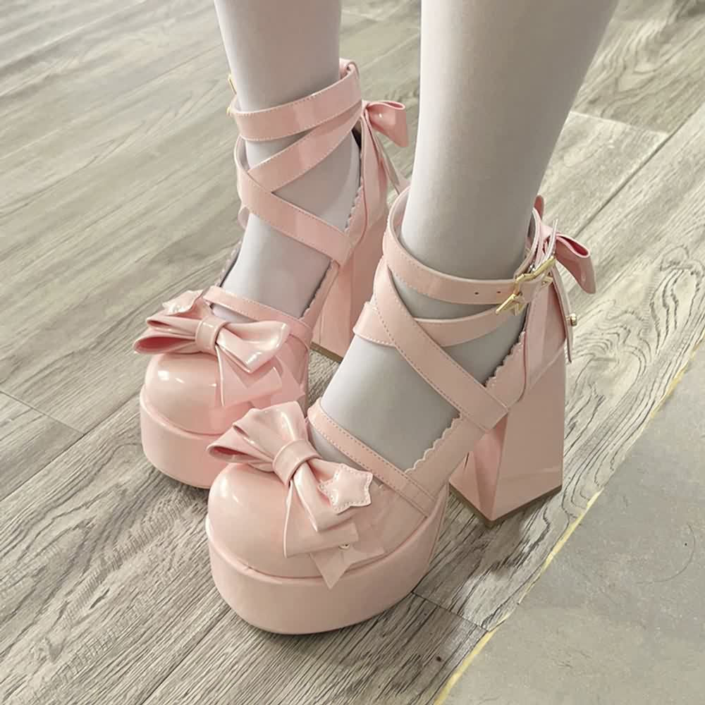 Pink Kawaii Lolita Bow Star Chunky Platform High Block Heels
