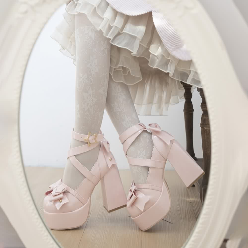 Pink Kawaii Lolita Bow Star Chunky Platform High Block Heels