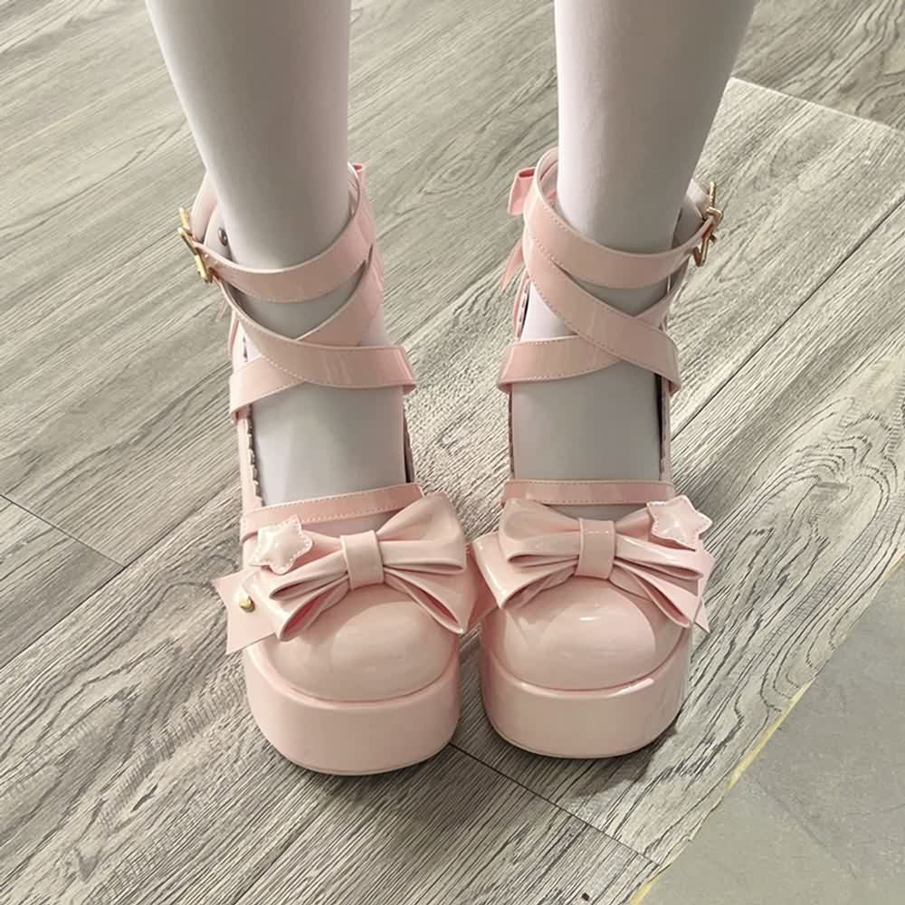 Pink Kawaii Lolita Bow Star Chunky Platform High Block Heels