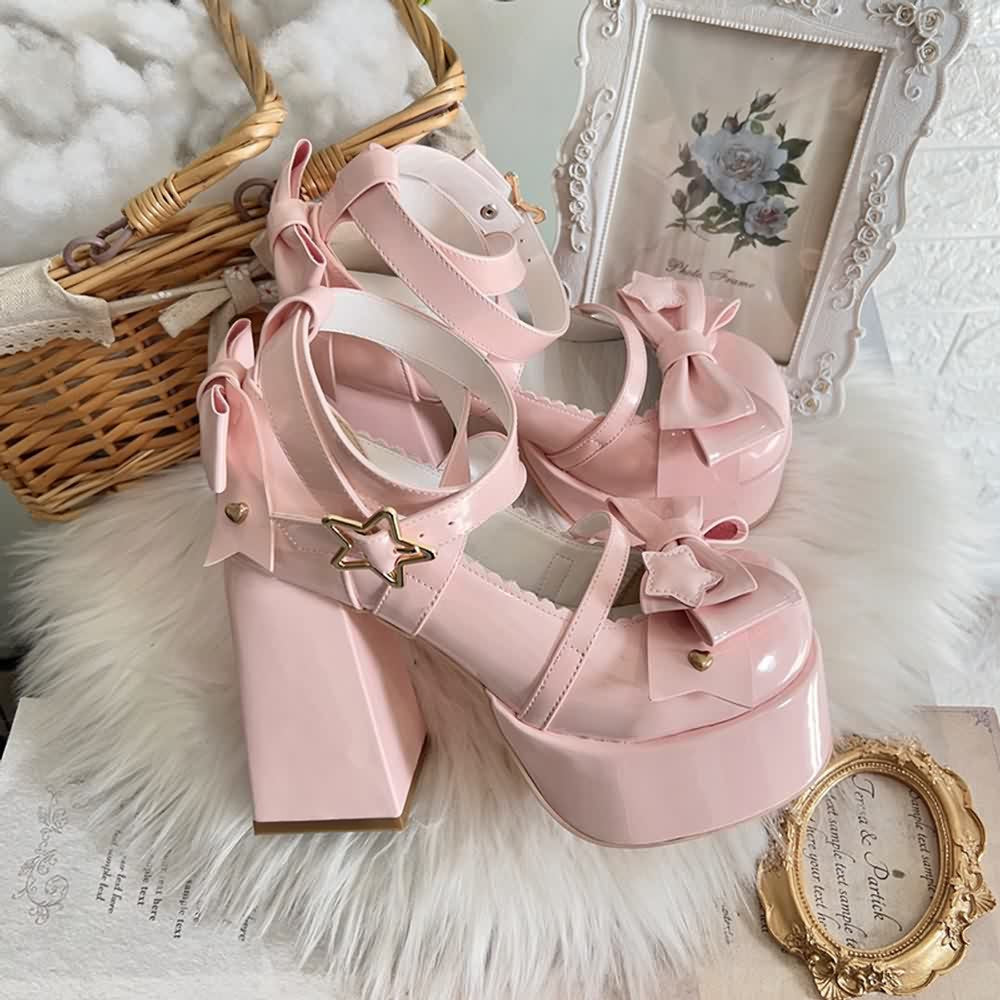 Pink Kawaii Lolita Bow Star Chunky Platform High Block Heels