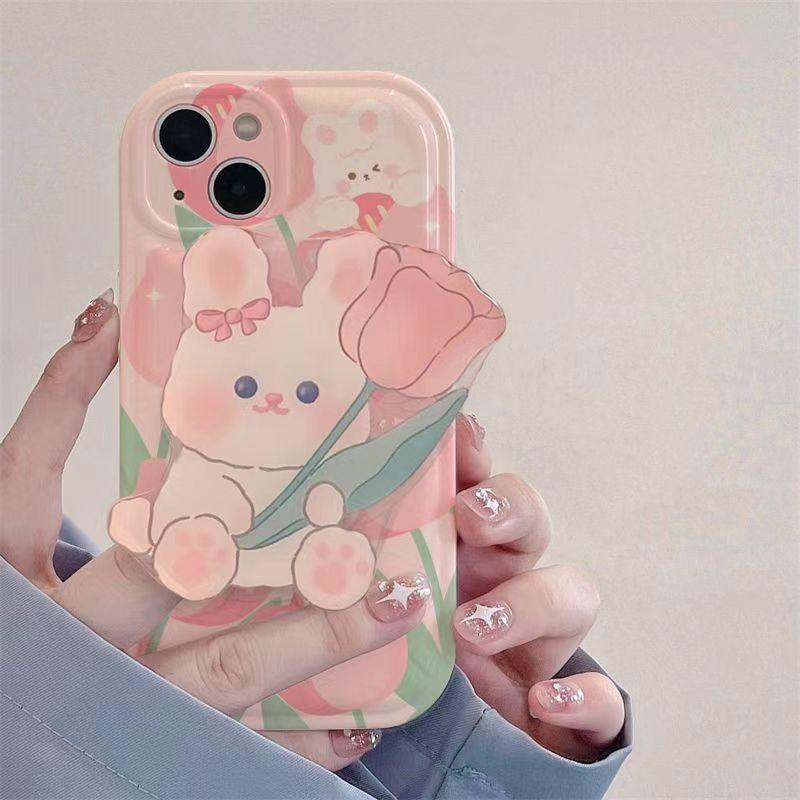 Pink Tulip Rabbit Cute Phone Case With Holder For iPhone 14 Plus, 7, 8, X, XS, XR, 11, 12, and 13 Pro Max