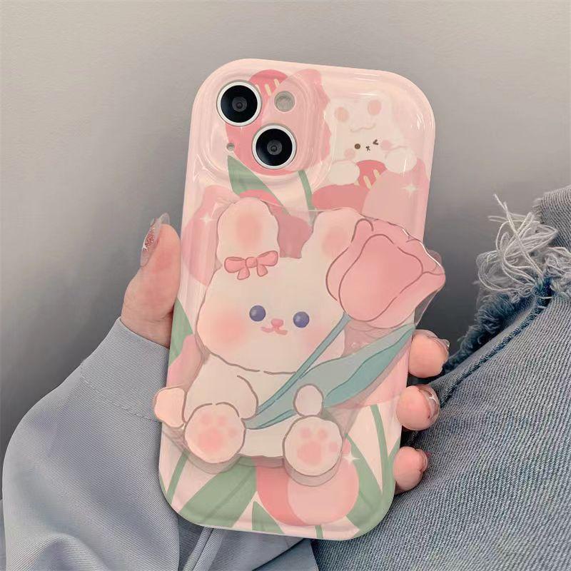 Pink Tulip Rabbit Cute Phone Case With Holder For iPhone 14 Plus, 7, 8, X, XS, XR, 11, 12, and 13 Pro Max