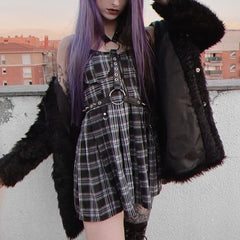 Plaid Gothic Punk Chain Pleated Mini Dress