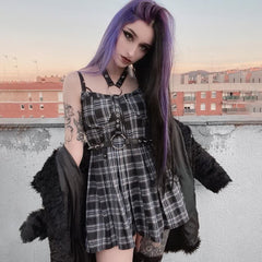 Plaid Gothic Punk Chain Pleated Mini Dress