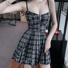 Plaid Gothic Punk Chain Pleated Mini Dress