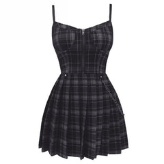 Plaid Gothic Punk Chain Pleated Mini Dress