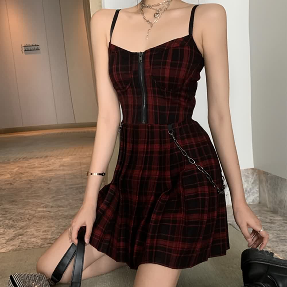 Plaid Gothic Punk Chain Pleated Mini Dress