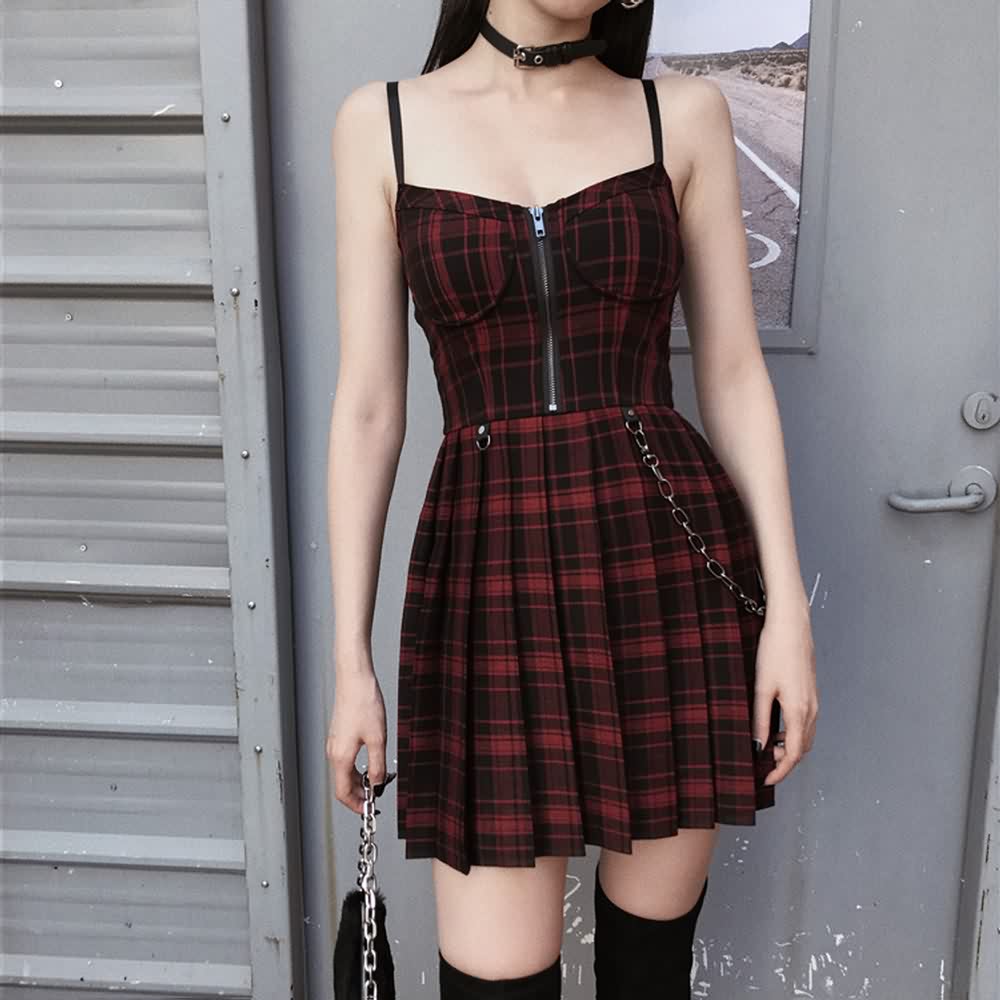 Plaid Gothic Punk Chain Pleated Mini Dress