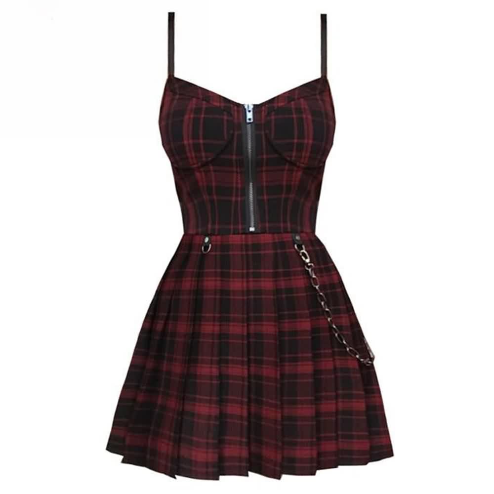 Plaid Gothic Punk Chain Pleated Mini Dress
