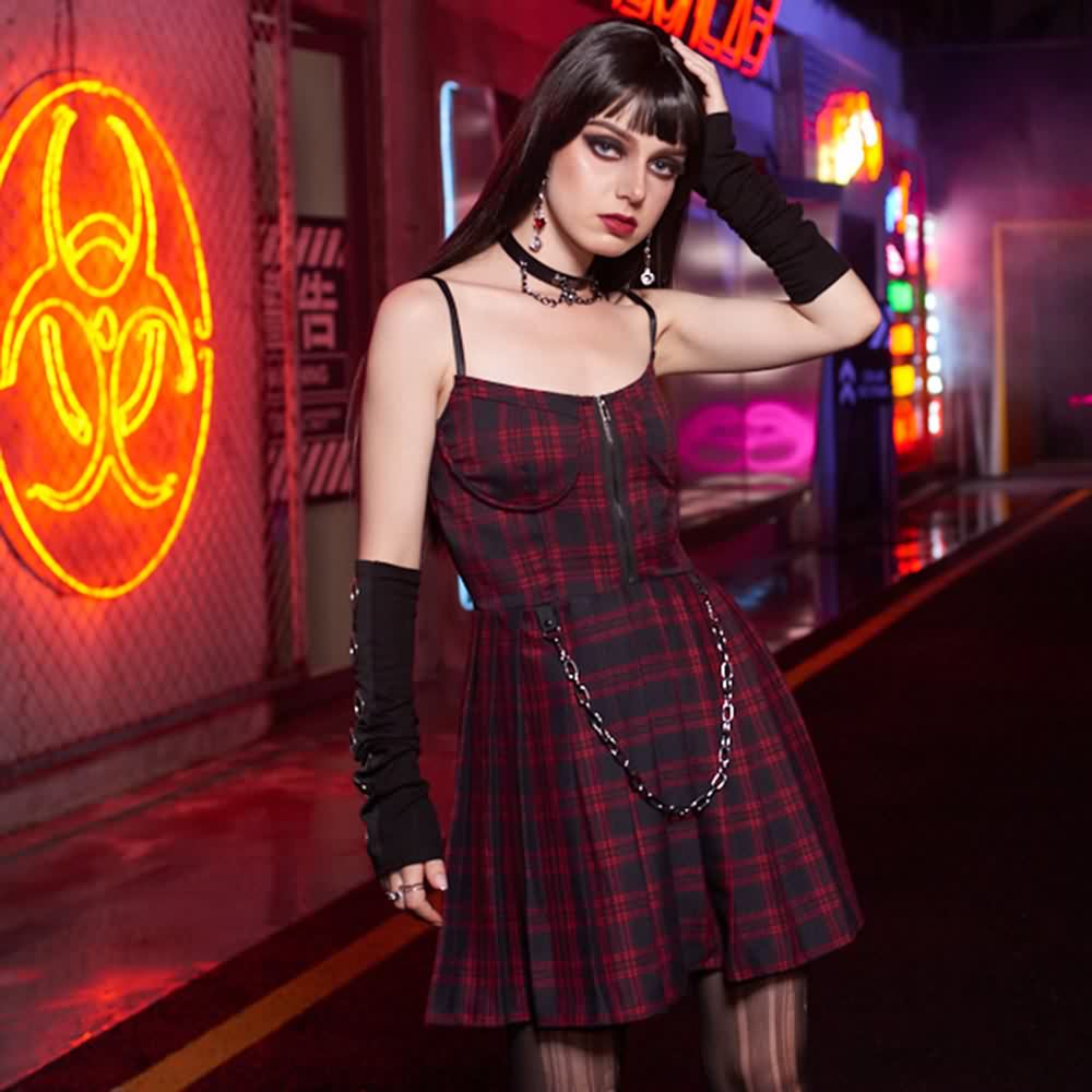 Plaid Gothic Punk Chain Pleated Mini Dress