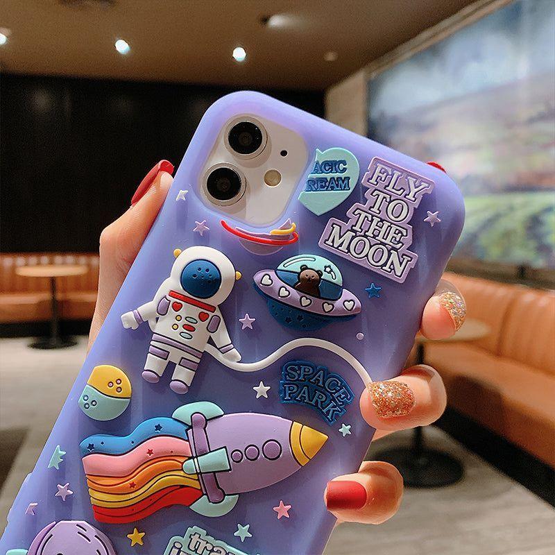 Purple  Cartoon 3D Space Astronaut Cute Phone Cases For iPhone 11 12 Pro Max Mini XS X XR 7 8 Plus SE 2020