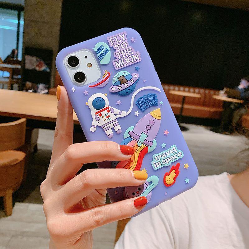 Purple  Cartoon 3D Space Astronaut Cute Phone Cases For iPhone 11 12 Pro Max Mini XS X XR 7 8 Plus SE 2020