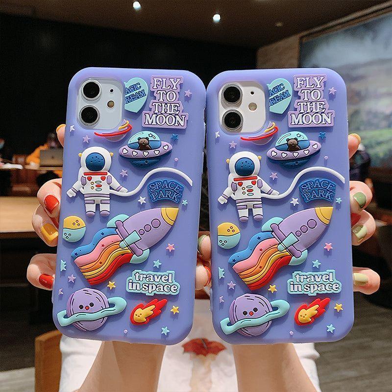 Purple  Cartoon 3D Space Astronaut Cute Phone Cases For iPhone 11 12 Pro Max Mini XS X XR 7 8 Plus SE 2020