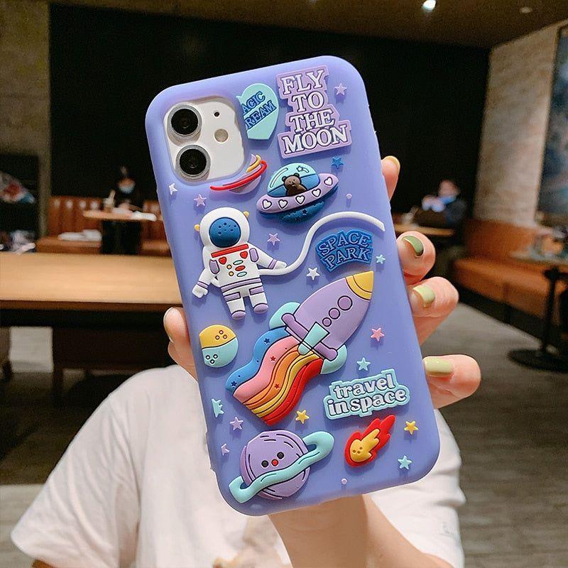 Purple  Cartoon 3D Space Astronaut Cute Phone Cases For iPhone 11 12 Pro Max Mini XS X XR 7 8 Plus SE 2020